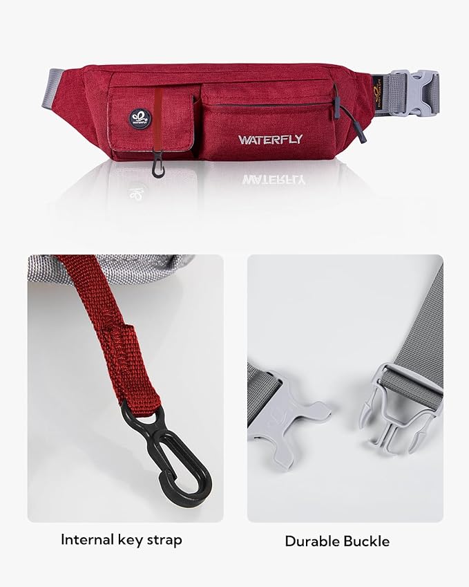 WATERFLY Fanny Pack Slim Soft Polyester Water Resistant Waist Bag Pack for Man Women Carrying iPhone 8 Samsung S6 (Wine red)