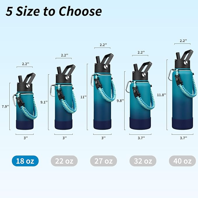BJPKPK Water Bottle with Straw Lid, 18oz Insulated Water Bottles with 3 Lids, Paracord Handle & Non-slip Boot, Metal Stainless Steel Thermo, BPA Free Leak Proof Cups, Tumblers,Vast