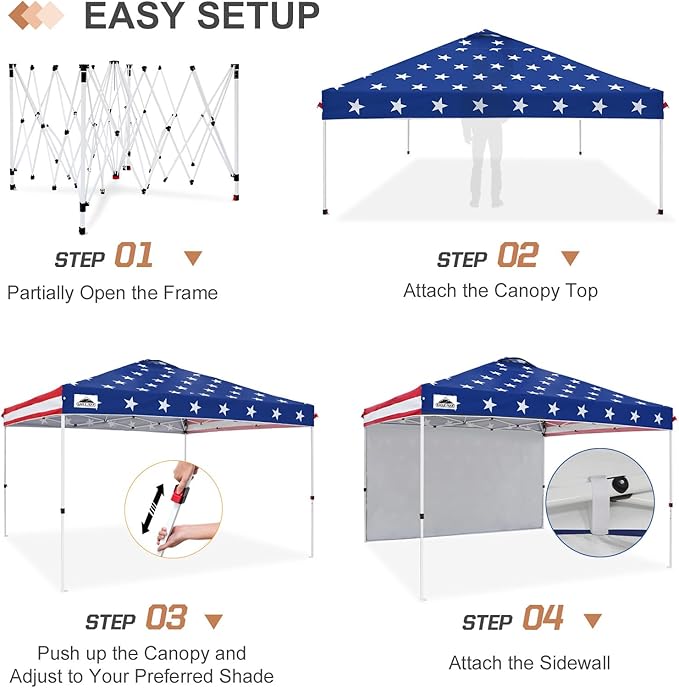 EAGLE PEAK Pop Up Canopy Tent with 1 Sidewall, Easy Setup Event Tent, Outdoor Sun Shade, Wheeled Carry Bag, Stakes and Guy Ropes, Instant Canopy 12x12, American Flag