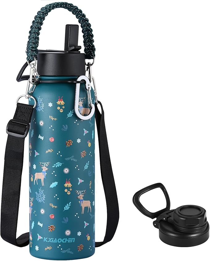 KXIAOCHEN Insulated Water Bottle, Stainless Steel Water Bottle, 2 Lids (Straw and Handle Lid),Wide Mouth Metal Water Bottles Keep Hot and Cold, Double Walled, Thermo Mug, Metal Canteen