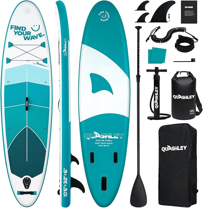Quashley Inflatable Stand Up Paddle Board,10-11ft Inflatable Paddleboards 32/34 Inch Wide,All Around SUP for Beginners with Lightweight Paddle,Hand Pump,Backpack,Leash,Durable & Portable iSUP Board