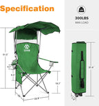 Camping Chair, Oversized Folding Chair with Canopy, Portable Outdoor Chair with Arms, Cup Holder and Carry Bag for Camping, Fishing, Beach, and Sports, Jaspe