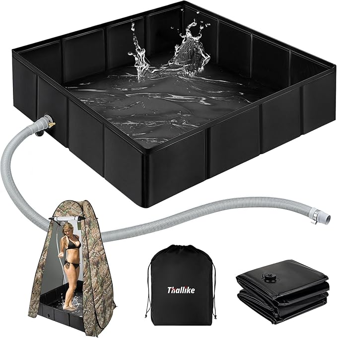 Upgraded Portable Shower Pan, 41" x 41" x 10" Outdoor Shower Base with Detachable Drain Pipe, Foldable Camping Shower Base for Beach, RV, and Indoor