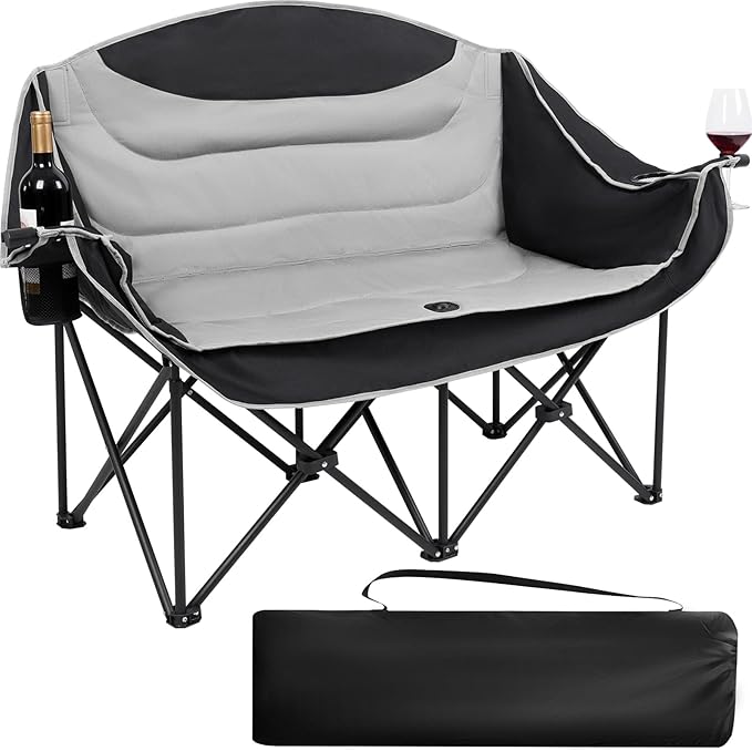 UBALANCE Double Camping Chair for Adults - Heavy Duty 650LBS Portable Camping Chairs Oversized Camping Loveseat, Folding Camping Chair for Garden Lawn Sport Picnic Beach Fishing (Gray)