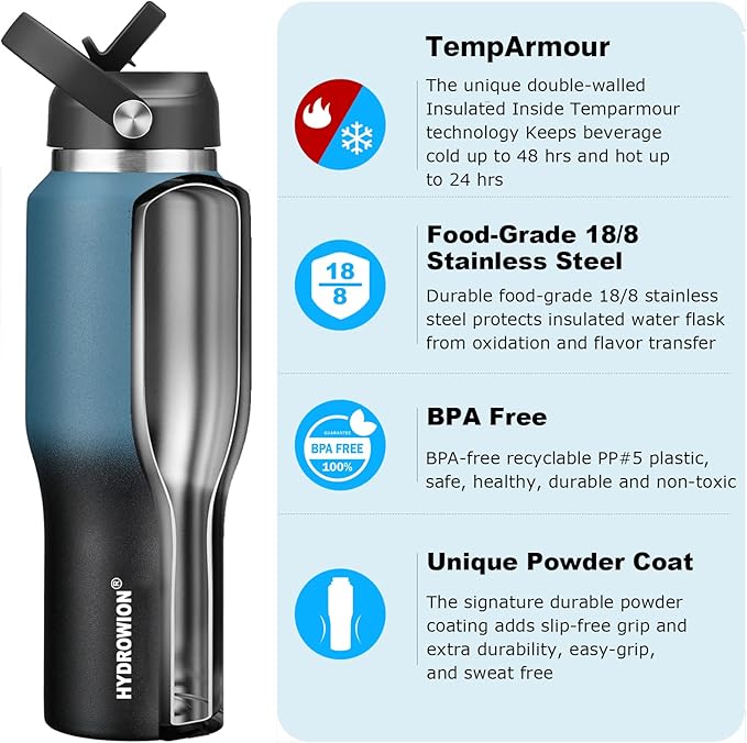 HYDROWION 32oz Water Bottle, Double Wall Vacuum Stainless Steel Insulated Water Flask with Straw Lid, Spout Lid and Flex Cap(Cold for 48 Hrs, Hot for 24 Hrs), Leakproof Travel Thermo Mug, Blue&Black