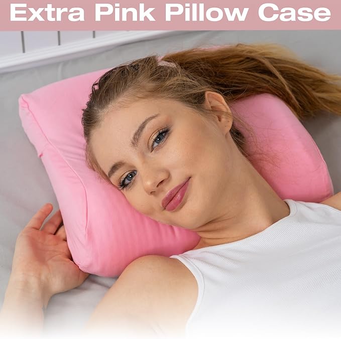 Travel & Camping Comfortable Memory Foam Pillow – Easy to Carry Portable Bag – Temperature Regulating Pillow Case (Pink Contour + Extra Cover)