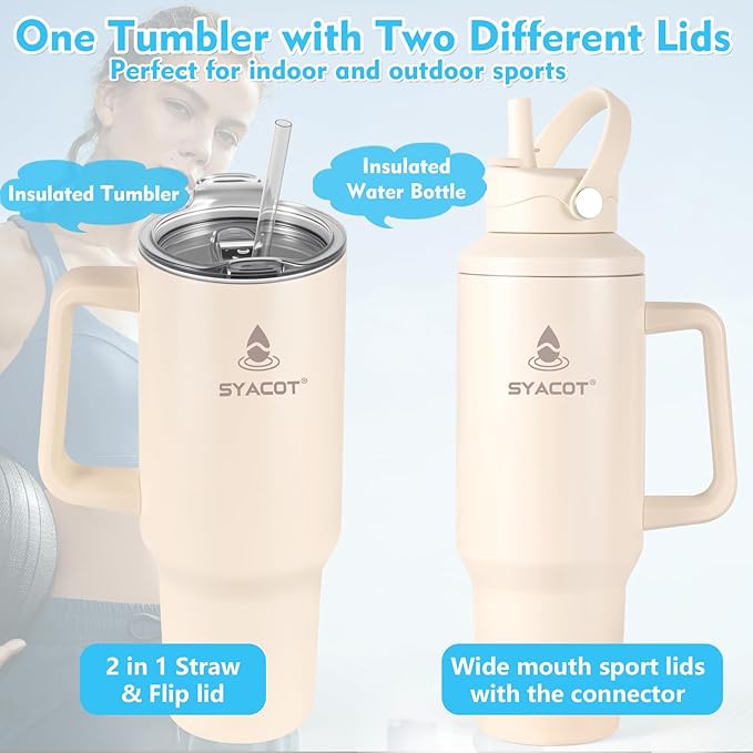 40 oz Tumbler with Handle and Straw or Convert to 40 oz Insulated Water Bottle Fits in Cup Holder. Stainless Steel Metal Water Flask with 2 Lids for Travel,Camping,Gym Sports Coffee Mug Thermal Cup