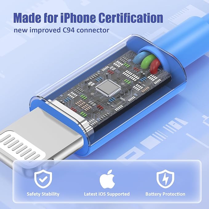 3Pack USB C to Lightning Cable 10FT, Fast Charging Cord for iPhone 14, Replacement for Apple Original Charger Cable for iPhone 14 13 12 11 Pro 11 XS MAX XR 8 7 6s Plus-Blue