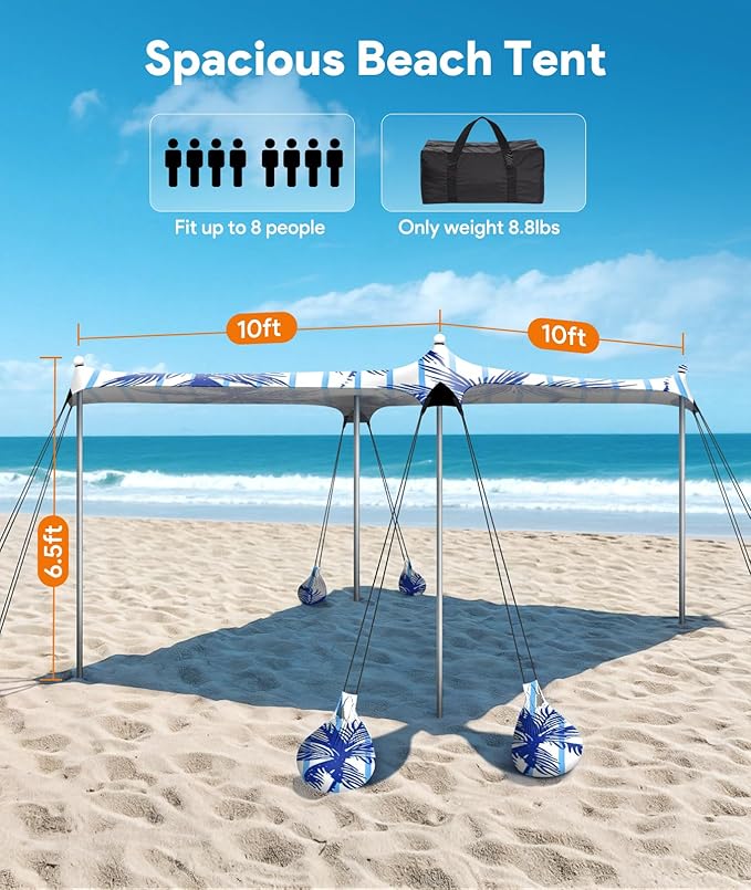Beach Tent Sun Shelter, 10 x 10 FT Beach Canopy Tent Sun Shade, UPF50+ Tents Canopy with 8 Sandbags & 4 Stability Poles, Outdoor Tents for Camping Fishing, Coconut Tree