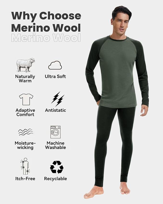 Men's 100% Merino Wool Base Layer Sets Lightweight Active Base Layer for Ski
