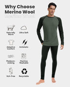 Men's 100% Merino Wool Base Layer Sets Lightweight Active Base Layer for Ski