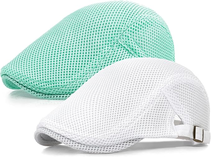 2 Pack Men's Mesh Cap Breathable Summer Newsboy Hat Adjustable Beret Ivy Cap Irish Cabbie Driving Hunting Hats