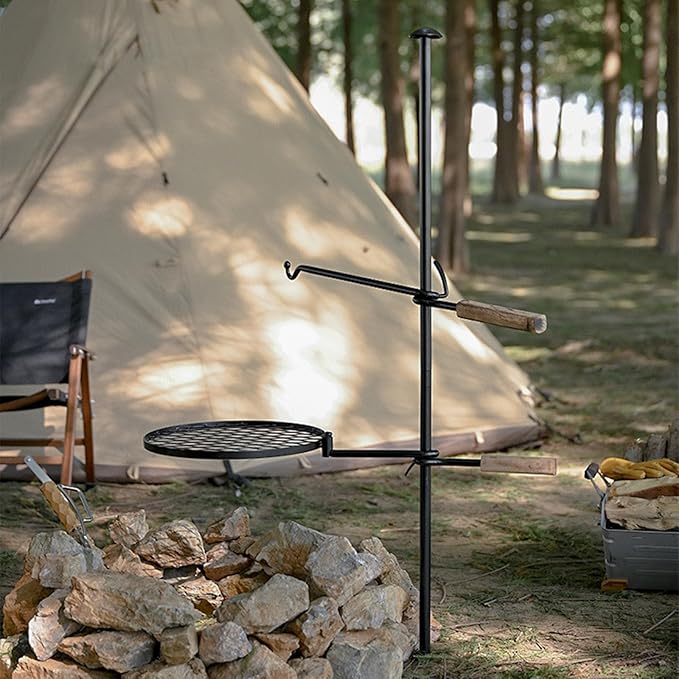 Fire Pit Slot Grill, Adjustable Swivel Campfire Grill Heavy Duty BBQ Steel Grate, HZGAMER Campfire Cooking Equipment Camping Grill for Outdoor Barbecue Over Open Fire