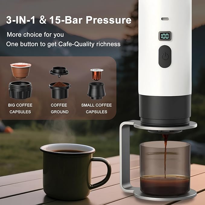 Portable Electric Espresso Machine, Travel Camping Coffee Makers, Car Self-Heating Coffee Maker with USB-C, Compatible with Ground Coffee & NS Capsules for RV/Office/Hiking