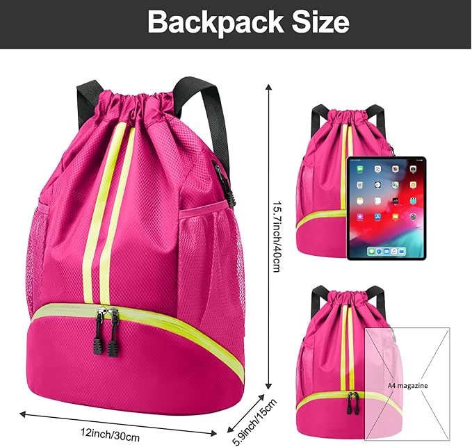 Hoedia Sports Drawstring Backpack - String Swim Gym Bag with Shoes Compartment and Wet Proof Pocket for Women and Men