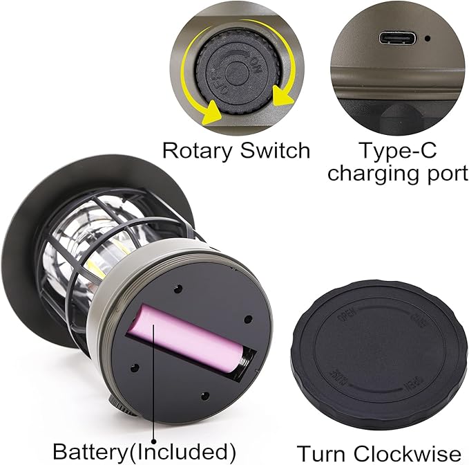 Camping Lanterns Rechargeable, Portable Electric LED Camping Lights Outdoor Hanging Tent Light Vintage Tabletop Lantern Decor Stepless Dimming Waterproof for Camping, Power Outages, Indoor (Green)