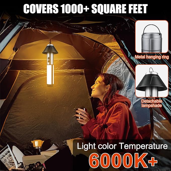 Rechargeable 3000mAh Camping Light with Stand 10w Max Power, Cordless Work Light with 3 LED Lamp Heads, Emergency Flashlight with Detachable Tripod, Black