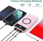 Wireless Portable Charger 30,800mAh 15W Wireless Charging 25W PD QC4.0 Fast Charging Smart LED Display USB-C Power Bank,4 Output& 2 Input External Battery Pack Compatible with iPhone,Samsung etc-Pink