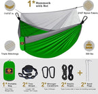 Camping Hammock with Net,Portable Lightweight Double Hammocks with Tree Straps and Solid D-Shape Carabiners,Parachute Nylon Hammock for Backpacking Beach Backyard Patio Hiking Green&Grey