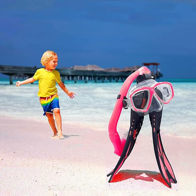 Kids Mask Fins Snorkel Set Snorkeling Packages, with Diving Mask, Snorkel, Adjustable Swim Fins, Mesh Bag, Anti-Fog Anti-Leak Snorkeling Gear for Kids for Snorkeling Swimming Diving