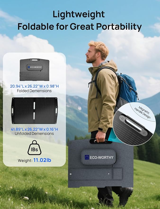 ECO-WORTHY 100W Portable Solar Panel,ETFE Foldable Solar Panel 23% High Efficiency,for Power Station,with Adjustable Kickstand for Camping RV Hiking Off-Grid Blackouts