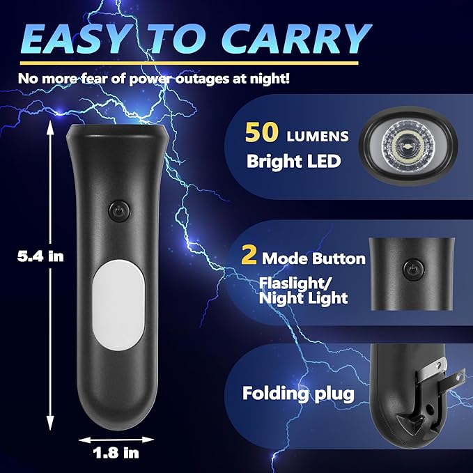 4 in 1 Emergency Power Failure Lights for Home, 2 Pcs Rechargeable LED Flashlight, Automatic Turn-On Power Outage Light Plug in Wall for Snow Storm Weatheready, Black