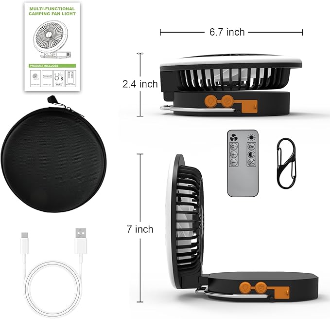 Portable Travel Fan Light, Rechargeable 12000mAh Camping Light, with Carring Bag, Silent Max 24 Hours Endurance, 2000LM 3 Lights Modes 2700K/4000K/6500K, for Vacation Outdoor Tent Light Camping