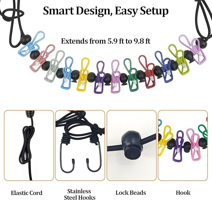 Travel Clothesline Retractable Portable Clothesline with 12 Clips Portable Elastic Camping Clothes Line with Anti-Slip Beads & Stainless Hooks for Hotel, RV, Boat, Outdoor Use (2 Pack)