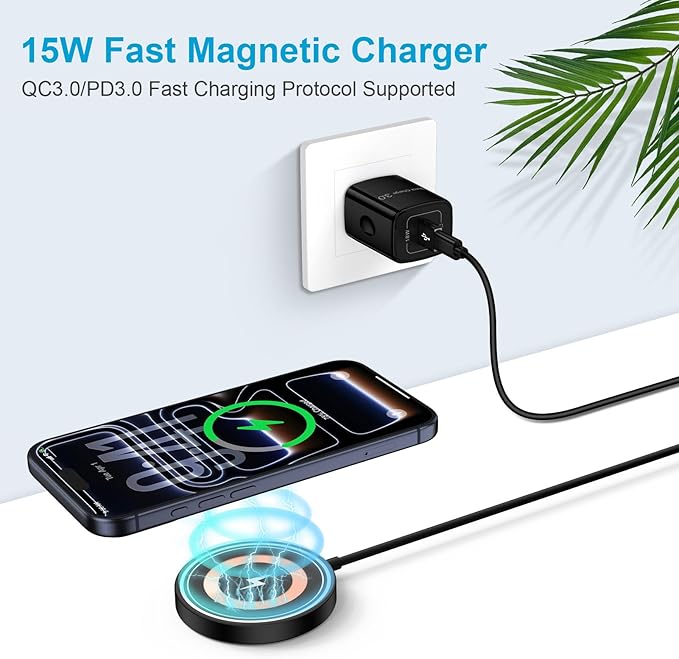 Magnetic Wireless Charger, 15W Fast Wireless Charging Pad Magsafe Charger for iPhone Air/iPhone 17/17 Pro Max/16/16 Pro/16 Pro Max/16 Plus/15 Pro Max/14/13/12 AirPods Pro 4/3/2/Pro with Dual Ports