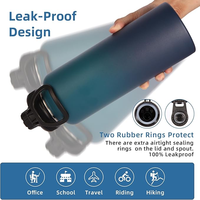 Volhoply Insulated Water Bottles Bulk 4 Pack,40 oz Stainless Steel Sports Bottle with Paracord Handle & Spout Lid,Double Walled Water Cups with Wide Mouth,Reusable Large Water Cup(Dark Night,4 Set)