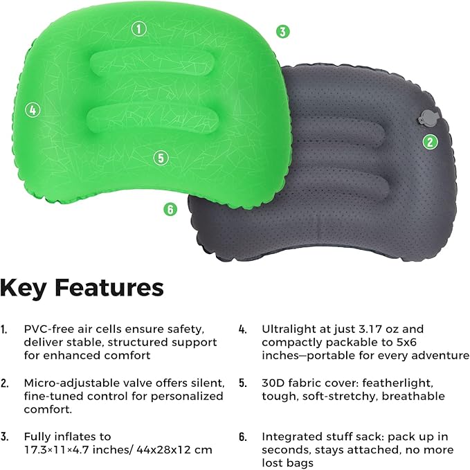ATEPA Inflatable Camping Pillow, Ultralight Waterproof Travel Pillow with Ergonomic Support & Leak-Proof Air Valve, Compact Portable Pillow for Hiking Backpacking Tent Airplane Beach, Light Green