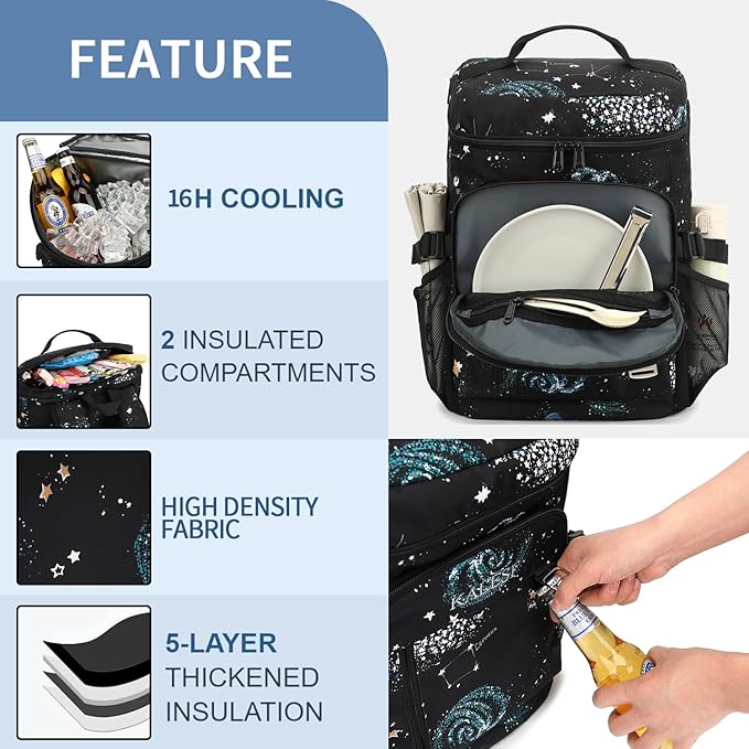 Kalesi Cooler Backpack 36 Cans Lightweight Insulated Backpack Cooler Leak-Proof Travel Camping Lunch Backpack Outdoor Cutlery Backpack for Men and Women