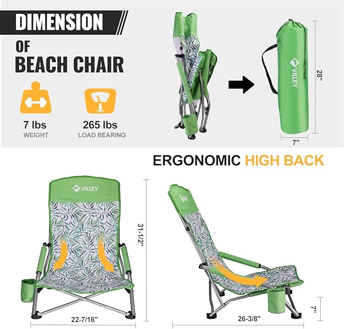 VILLEY Low Beach Chairs for Adults 2 Pack, High Back Folding Chairs, Lightweight and Portable for Outdoor, Camping, Lawn, with Cup Holder and Carry Bag - Green Tropical Leaves