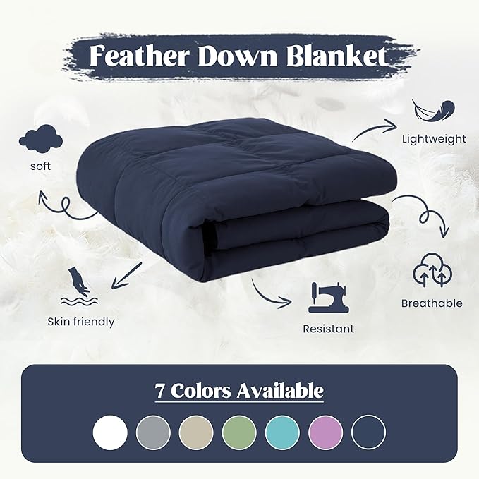 puredown® Queen Size Blanket for Bed, Ultra Soft Lightweight Down & Feather Fill, All Season Microfiber Blanket, Machine Washable, 88"X90", Navy