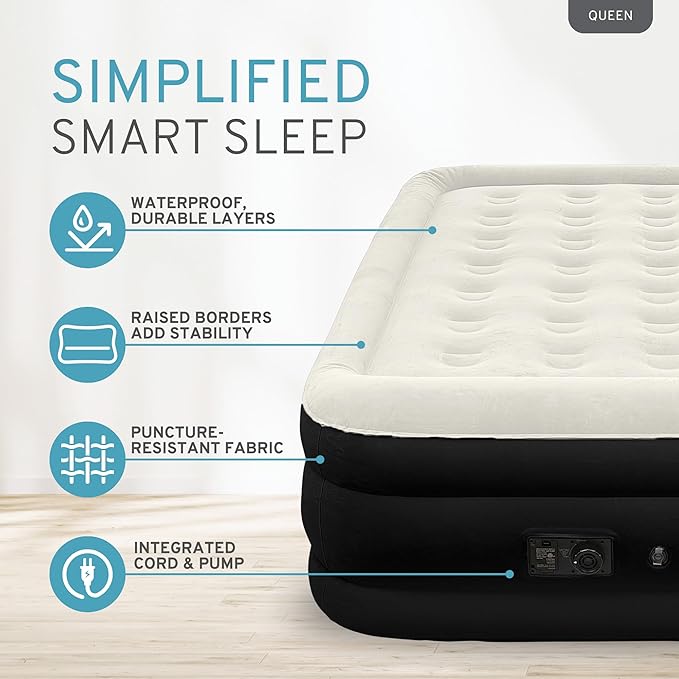 RestElevated Luxury Pillow Top Queen Size Air Mattress with Built in Pump | 20" Raised Height with Coil Beam Support | Adjustable Blow Up Air Bed | for Home, Guests and Camping [Black with Cream Top]