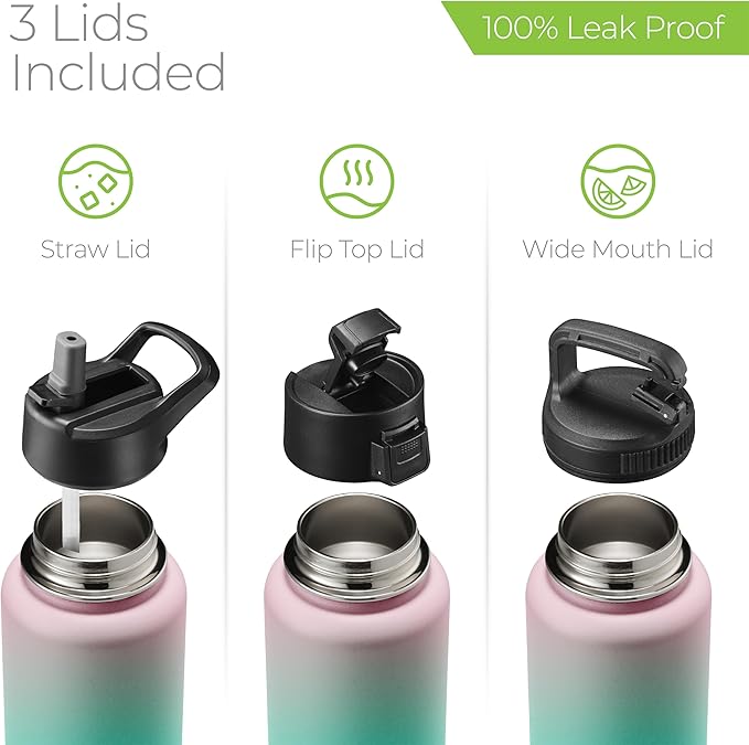SipX™ Triple-Insulated Stainless Steel Water Bottle 32oz. With 3 Lids, BPA-Free Reusable Insulated Water Bottle Keeps Cold 24 Hours, (Gradiant Mint Pink)