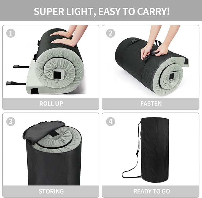 Memory Foam Camping Mattress Pad, Portable Sleeping Pad Roll Up Travel Mattress Waterproof Foldable Floor Cot Mattress Guest Bed for Sleepover