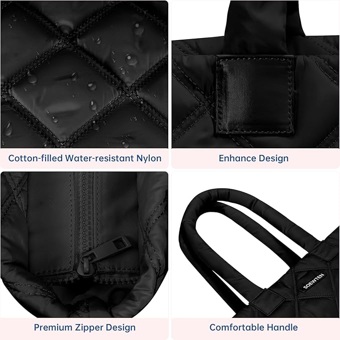Puffer Tote Bag for Women, Quilted Bag with Zipper, Small Tote HandBags for Work, Travel