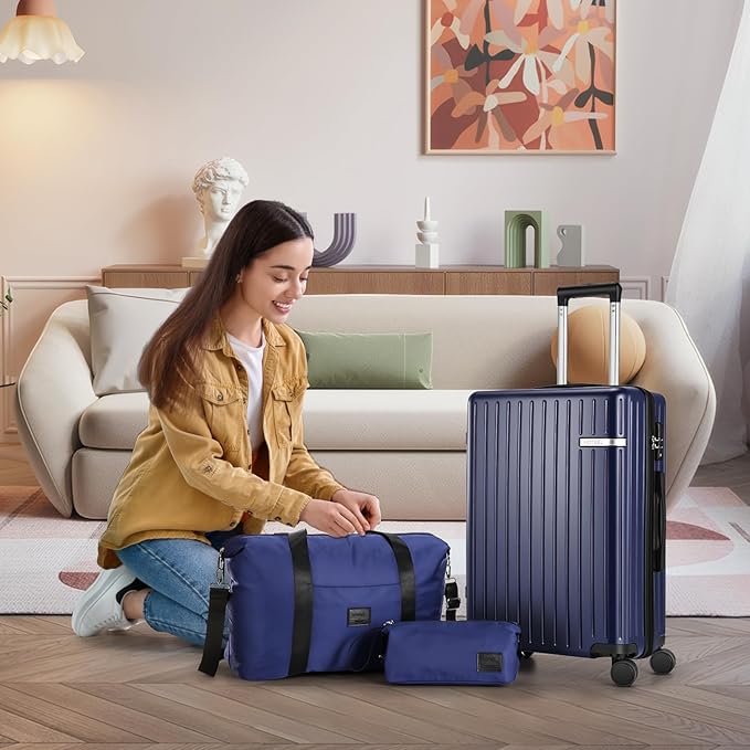 HOTEEL Spinner Luggage Sets 3 Piece Carry on Luggage with TSA Lock for Men and Women (4-YEAR WARRANTY), ABS+PC Hard Shell Rolling Carry-on Suit Case for Plane, Travel, Business, Dark Blue (20in/DB/TB)