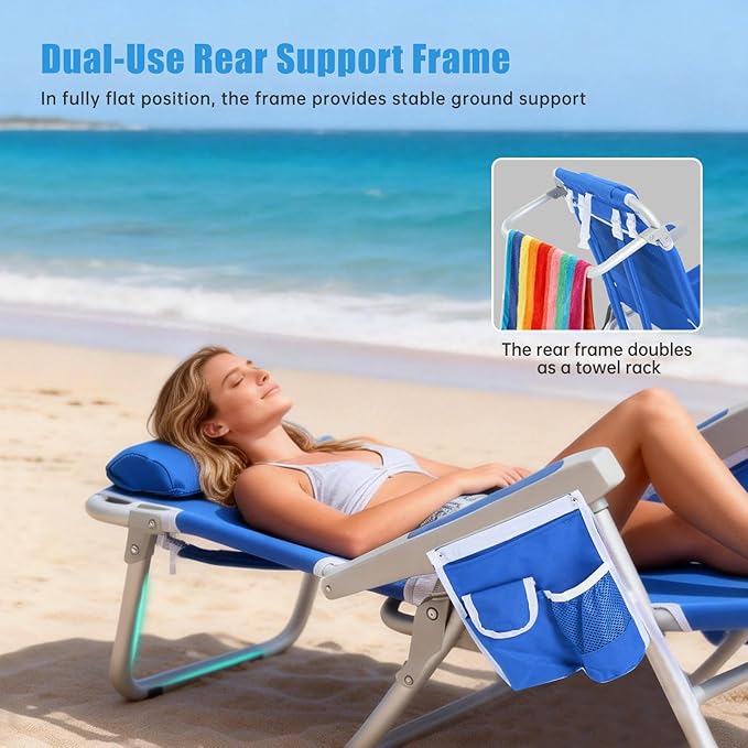 SUNNYFEEL Low Beach Chair, 5-Position Lay Flat Reclining, Backpack Portable Folding Chair with Cooler Bag & Cup Holder, Heavy Duty 350 LBS, Compact for Beach, Camping, Travel (New Blue)