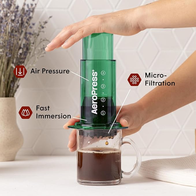 AeroPress Clear Green Coffee Press - All-in-One French Press, Pour-Over & Espresso Style Manual Brewer, 2 Min Brew for Less Bitterness, More Flavor, Small Portable Coffee Maker, Travel & Camping