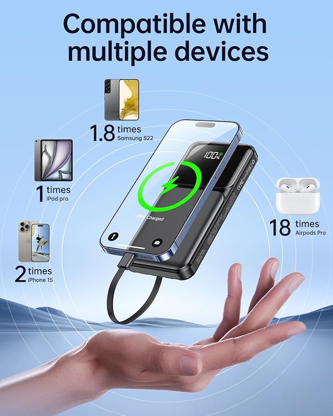 RONEGN Portable Charger with Built in Cable - Power Bank Fast Charging USB C LED Display 10000mah Battery Pack 5 Outputs & 3 Inputs for Travel Essentials iPhone Samsung Android Phones Tablets Black
