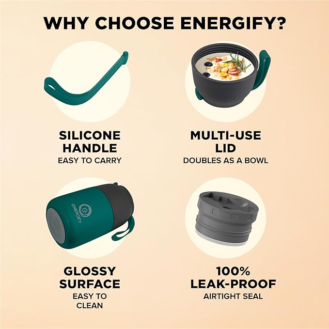 ENERGIFY Vacuum Insulated Food Jar. Large 17oz Bowl incl. Folding Spoon, Cup. Wide Mouth Keep Hot & Cold Drinks Soup Lunch Container for Adults. BPA-Free Stainless Steel, Leak Proof Olive Green