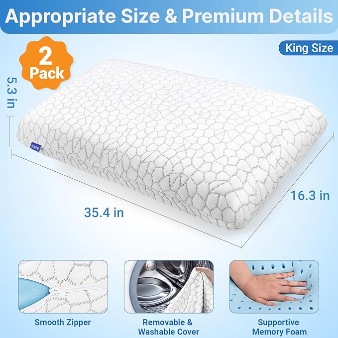 Cooling Memory Foam Pillows, Cooling Bed Pillow, Bed Pillow for Side, Back and Stomach Sleepers, Neck Pillow for Sleeping with Removable and Machine Washable Cover, King Size (2 Pack)