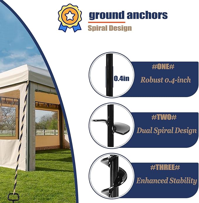 16In Tent Stakes with 6PCS Heavy Duty Adapter, Screw Ground Anchors, Tree Straightening Kit, Mobile Home Anchors (Black)
