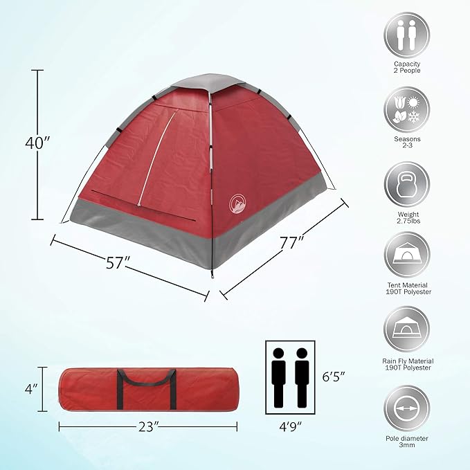 2-Person Dome Tent – Easy Set Up Shelter with Rain Fly and Carrying Bag for Camping