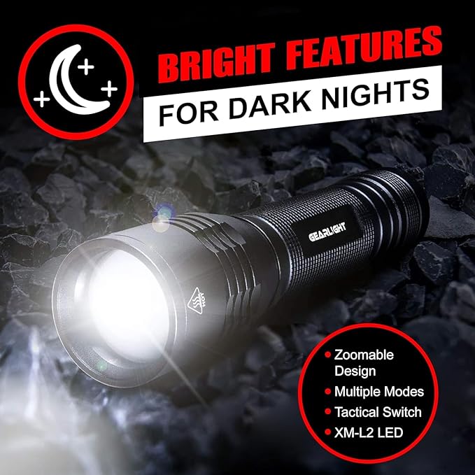 GearLight S2000 LED Flashlight High Lumens - Super Bright, Powerful, Mid-Size Tactical Flashlight for Outdoor Activity & Emergency Use - S2000-1 Pack, (Batteries Not Included)