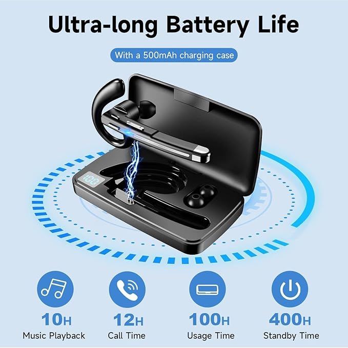 Bluetooth Headset V5.3,100 Hrs Talk Time Single-Ear Earphone, CVC8.0 Noise Cancelling Wireless Earbud, Business Earbud with 500 mAh Charging Case, Hands-Free Earpiece for Trucker/Home/Office Work