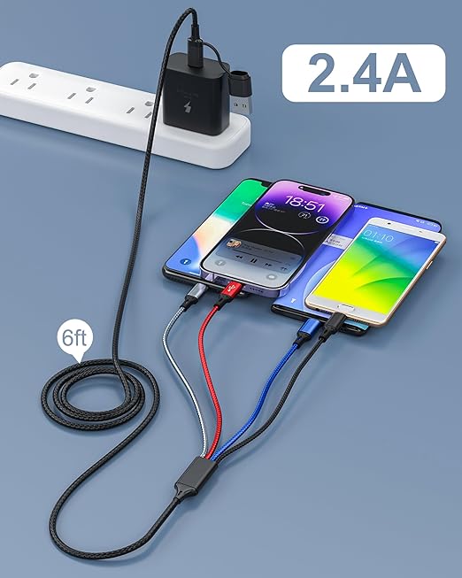 seynli 6-in-1 Multi Charging Cable 6ft, Charging Cables for Multiple Devices, Compatible with Three Types Ports, USB-C, Micro USB - Multi End Charging Cable Supports 2.4A Fast Charging