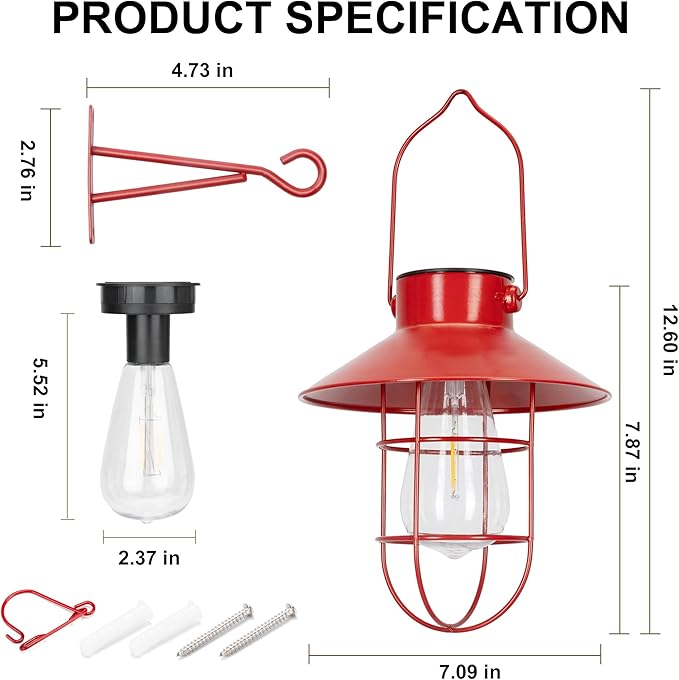 Solar Lanterns Outdoor Christmas Metal Solar Powered Hanging Lights Waterproof for Wall Barn Yard Garden Patio Garage Balcony Porch Fence Decor, Warm White Edison Bulb (Red-2pack)